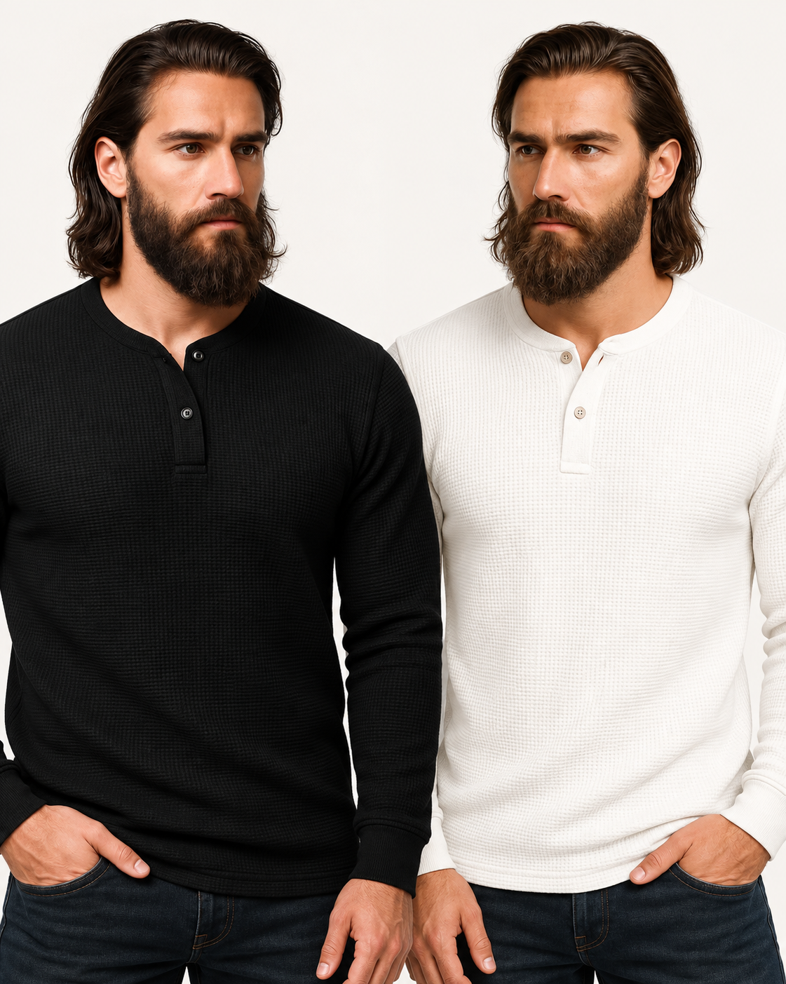 Pack of 2 BLACK & WHITE Waffle Knit Full Sleeves Henley T-Shirts