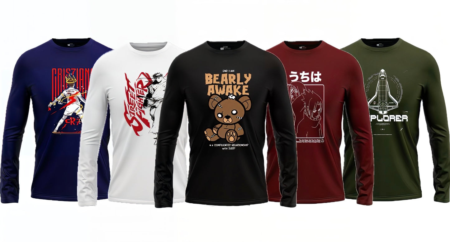 Pack of 5 Round Neck Full Sleeves Printed T-shirts