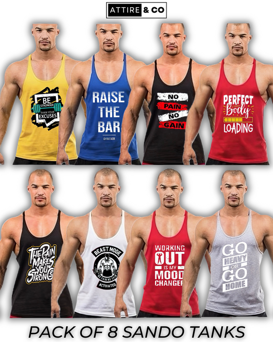 Pack of 8 Printed gym sando tanks