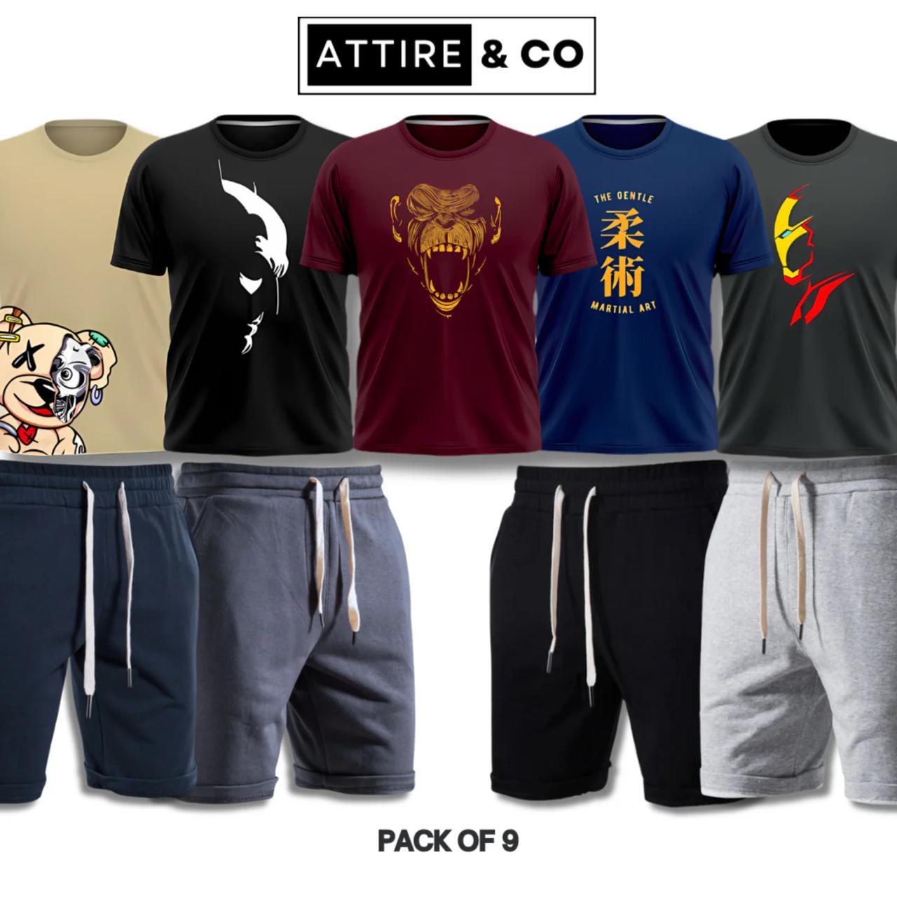 Pack of 9 Deal (5 Printed Tshirts & 4 Shorts)