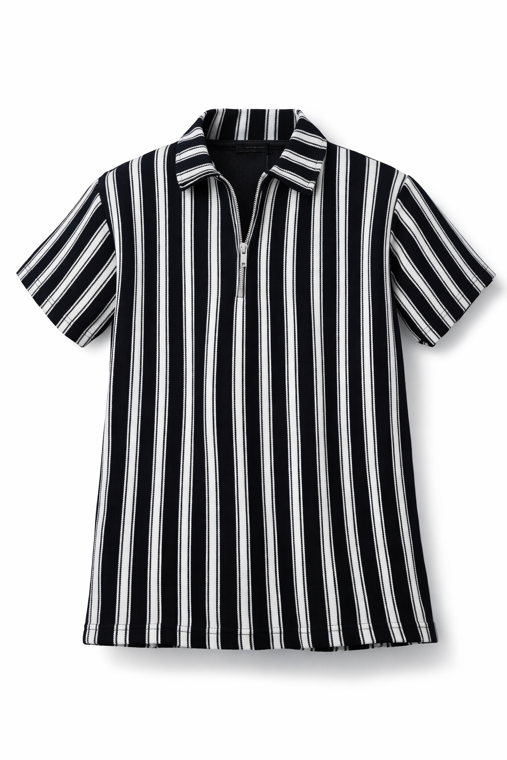 Waffle Knit Dual Stripe Zip Polo Shirt