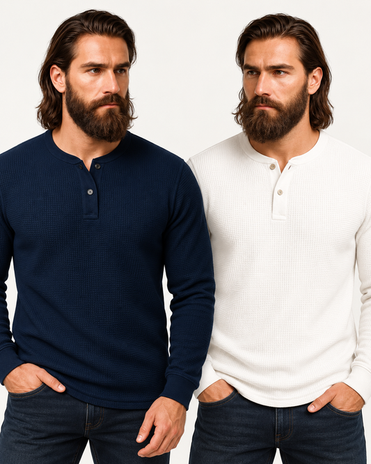 Pack of 2 BLUE & WHITE Waffle Knit Full Sleeves Henley T-Shirts