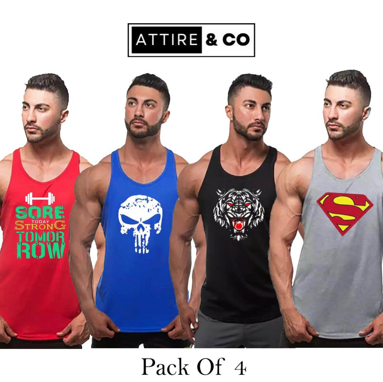 Pack of 4 Printed gym sando tanks 004