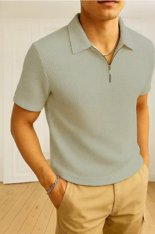 Waffle Knit Zipper Polo T-Shirt - Grey