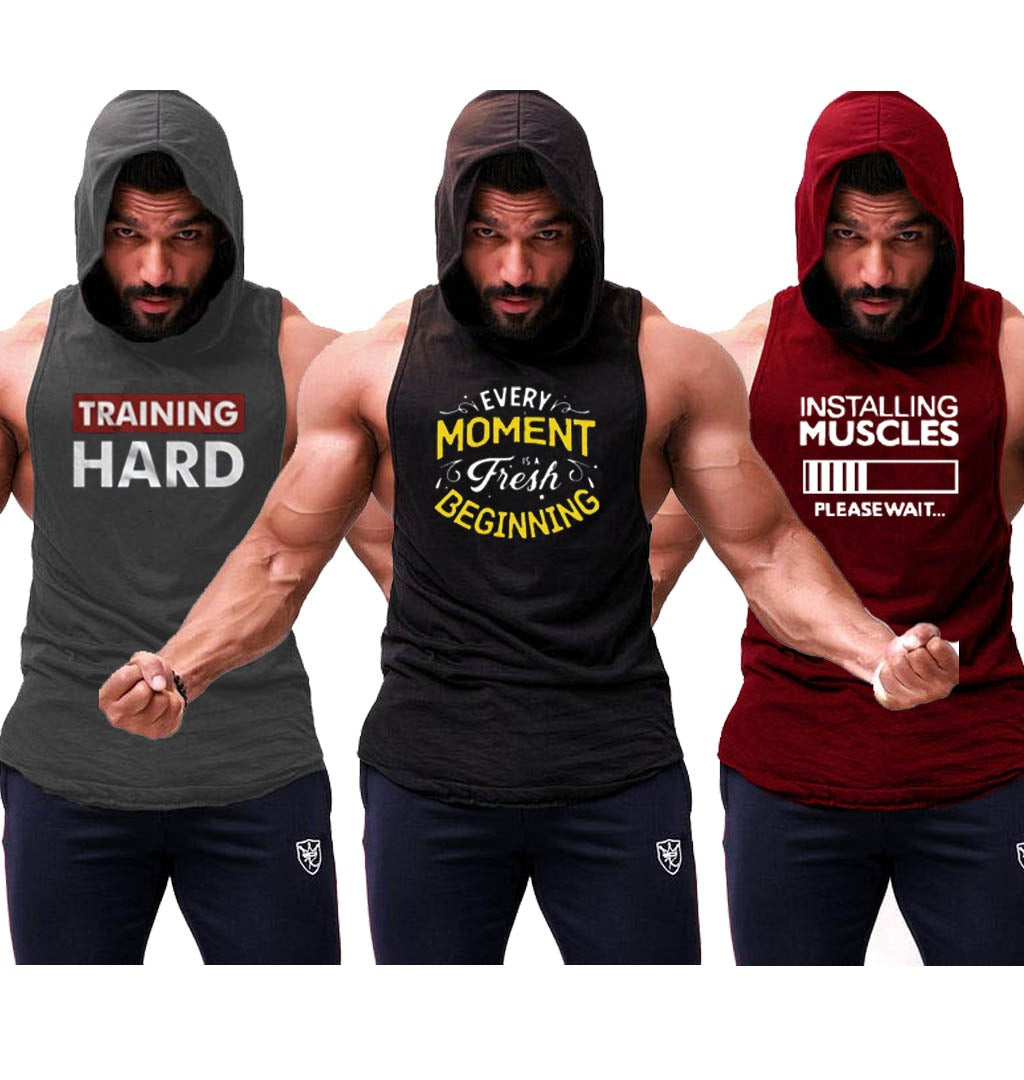 Pack of 3 Printed gym sleeveless hoodie sando tanks 003